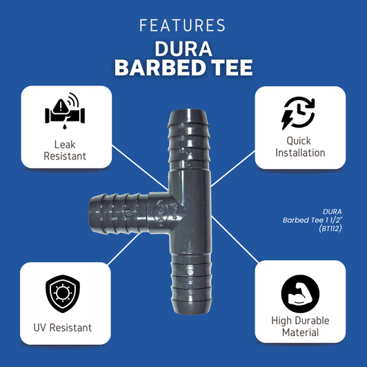 Dura Barbed Tee infographic showing inch UV resistant PVC construction