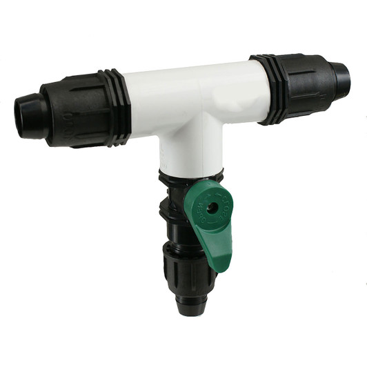 Irritec Easy Loc Reducing Tee w/ Valve, angled view showing white PVC body and green handle MPN: ELRTV