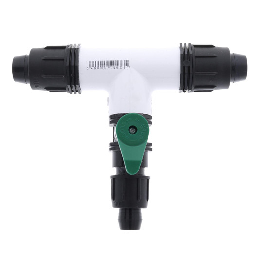 Irritec Easy Loc Reducing Tee w/ Valve, flat front view showing 3-way poly connection MPN: ELRTV