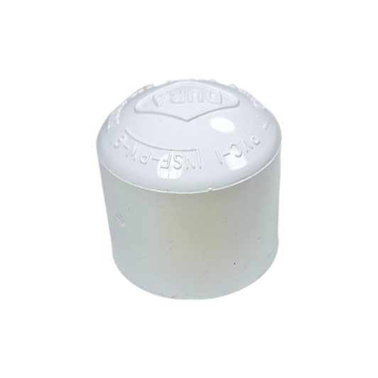 Dura 1 1/2" PVC Cap (FPT) angled view showing internal female pipe threads MPN: 448-015