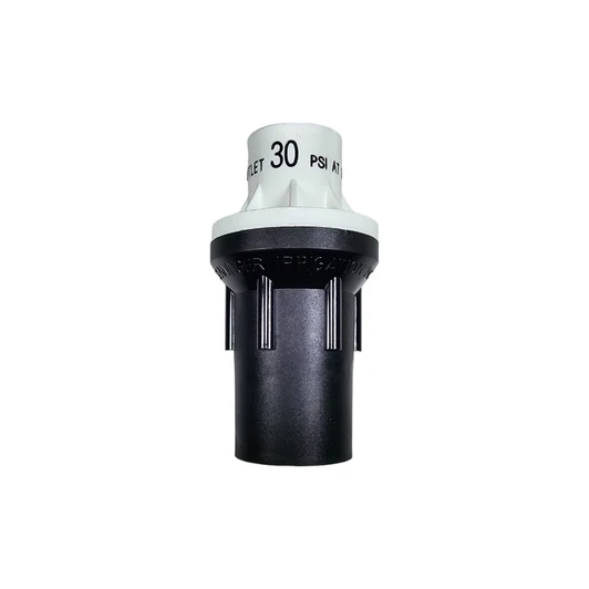 Senninger High Flow Pressure Regulator angled view showing 30 PSI white top and black body MPN: PR10HF5F4FV
