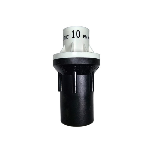 Senninger High Flow Pressure Regulator angled view showing 10 PSI white top and black body MPN: PR10HF5F4FV