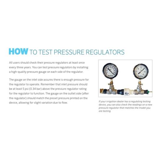 Senninger High Flow Pressure Regulator testing guide infographic MPN: PR10HF5F4FV