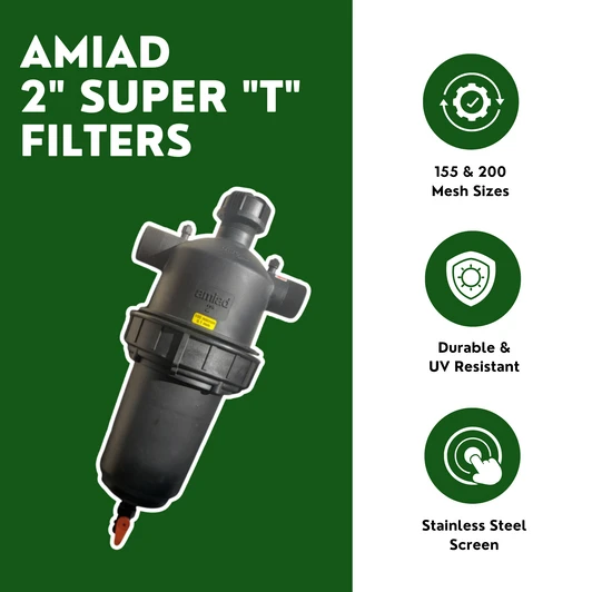Amiad 2" Super T Filters infographic highlighting mesh options and UV resistance
