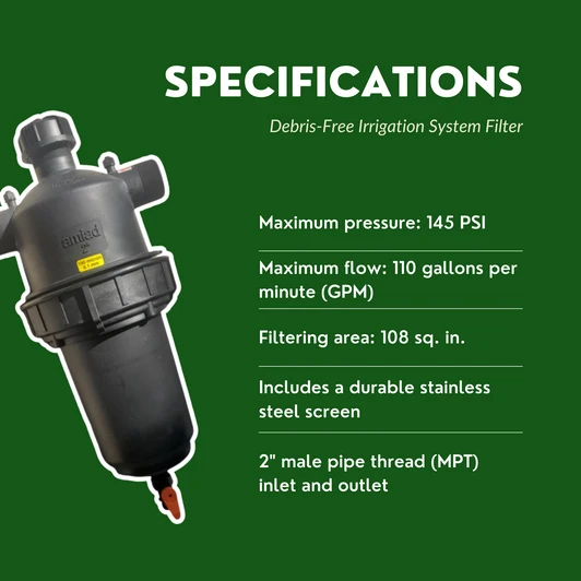 Amiad 2" Super T Filters specifications graphic showing 140 PSI and 110 GPM ratings