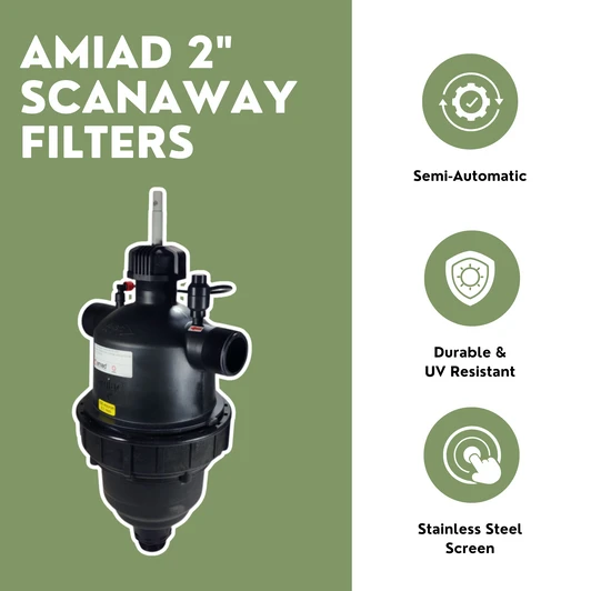 Amiad 2" Scanaway Filters infographic highlighting semi-automatic cleaning features