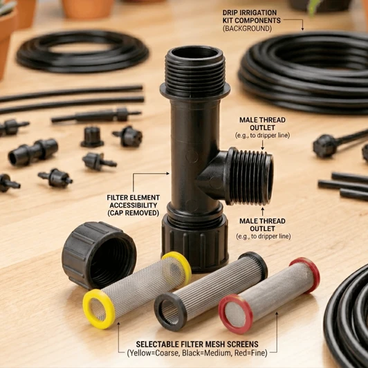 Irritec Hose End Tee Filter disassembled showing filter body, screen, and end cap