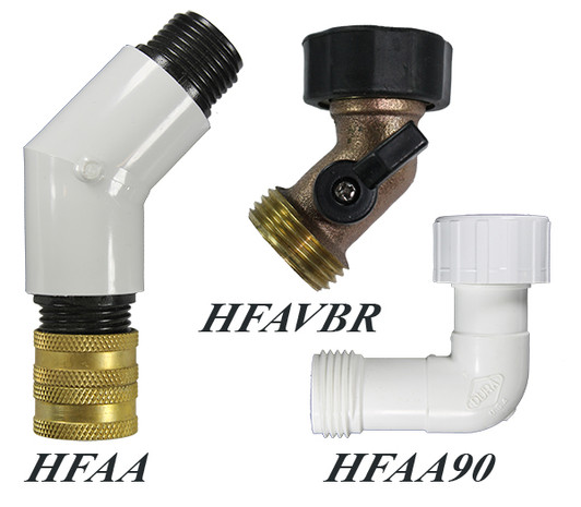A collection of Faucet Angle Adapters (FHT x MHT), also known as hose savers, available in both durable Schedule 40 PVC and heavy-duty brass to suit any outdoor plumbing need.