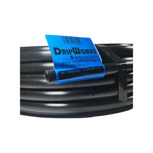DripWorks 1/2" Emitter Tubing coil wrapped with blue brand label
