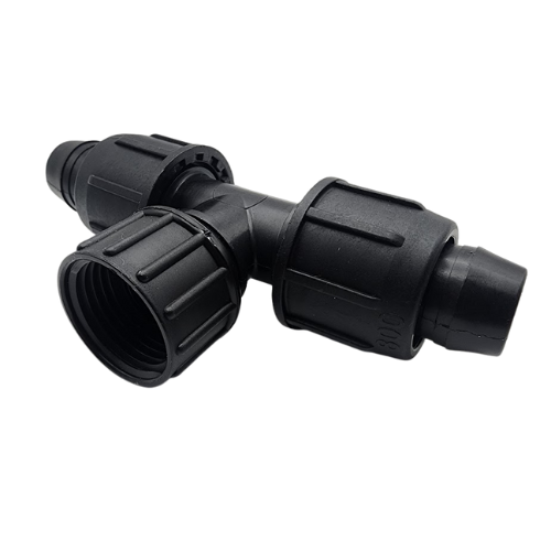 Irritec Easy Loc Female Hose Tee, perspective view showing central swivel nut MPN: ELFT34