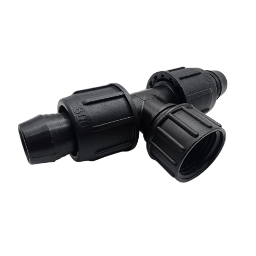 Irritec Easy Loc Female Hose Tee, angled view showing internal female threads MPN: ELFT34
