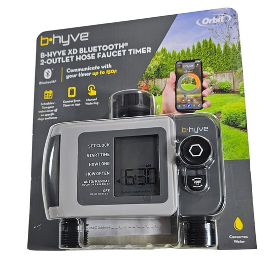 Orbit B-hyve Smart Hose Faucet Timer angled front retail packaging close-up