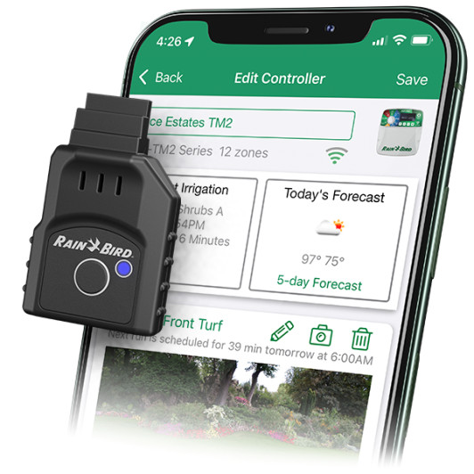 Rain Bird LNK2 WiFi Module plugged into a smartphone for app setup MPN: LNK2WIFI