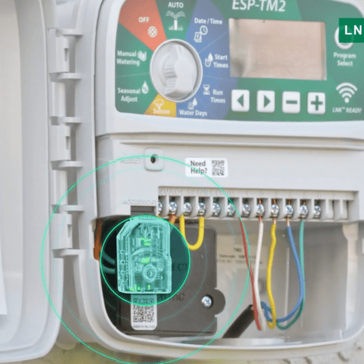 Rain Bird LNK2 WiFi Module installed in a controller accessory port MPN: LNK2WIFI