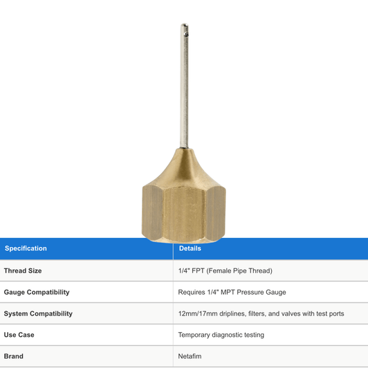 Netafim Pressure Gauge Needle shown with detailed specifications table MPN: 6809091