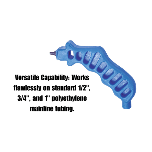 Netafim 1/4" Plastic Handle Punch infographic showing compatibility with 1/2 to 1 inch tubing MPN: MTUBEPPUN
