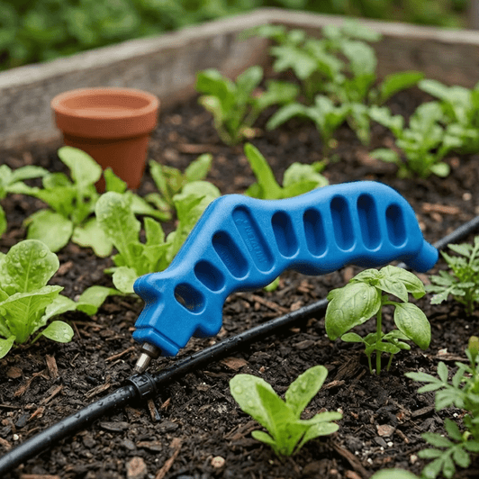 Netafim 1/4" Plastic Handle Punch being used to puncture black mainline tubing in garden MPN: MTUBEPPUN