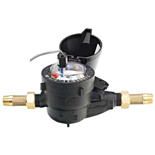 Netafim 3/4" Plastic Water Meter isolated profile with brass fittings MPN: WM-075-1.0-RS-P
