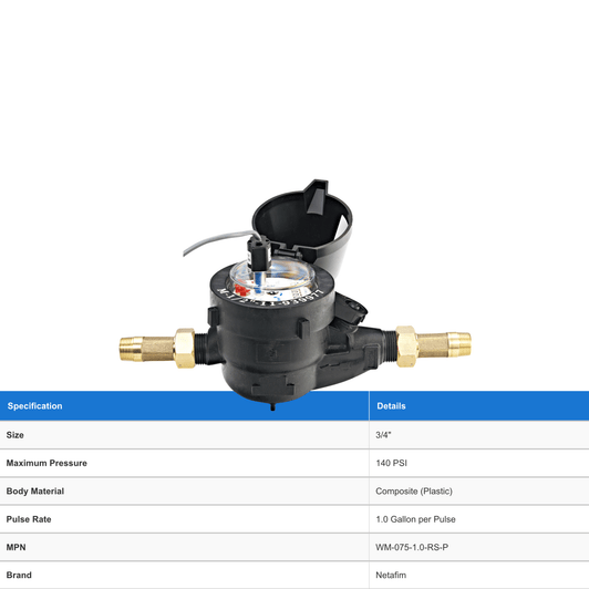 Netafim 3/4" Plastic Water Meter showing technical specification table MPN: WM-075-1.0-RS-P