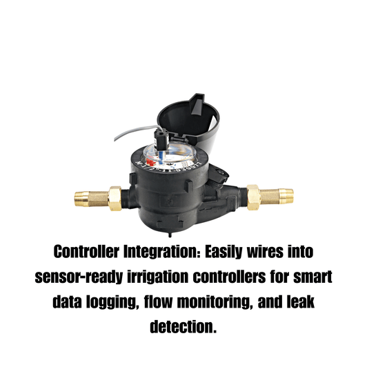 Netafim 3/4" Plastic Water Meter infographic for smart controller integration MPN: WM-075-1.0-RS-P