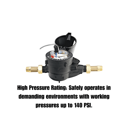 Netafim 1" Plastic Water Meter infographic highlighting 140 PSI pressure rating MPN: WM-100-1.0-RS-P