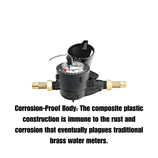 Netafim 1" Plastic Water Meter infographic on corrosion-proof body MPN: WM-100-1.0-RS-P