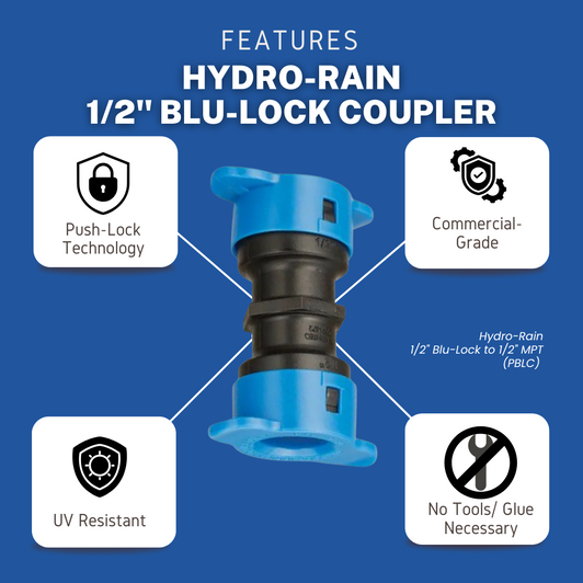 Hydro-Rain 1/2" Blu-Lock Coupler features infographic showing push-and-go technology MPN: BL-429-005