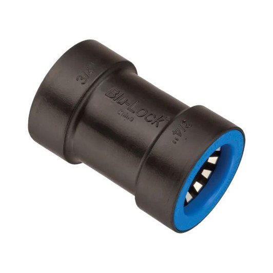 An angled product photo of the 3/4" Hydro-Rain Blu-Lock Coupler (BL-429-007) on a white background.