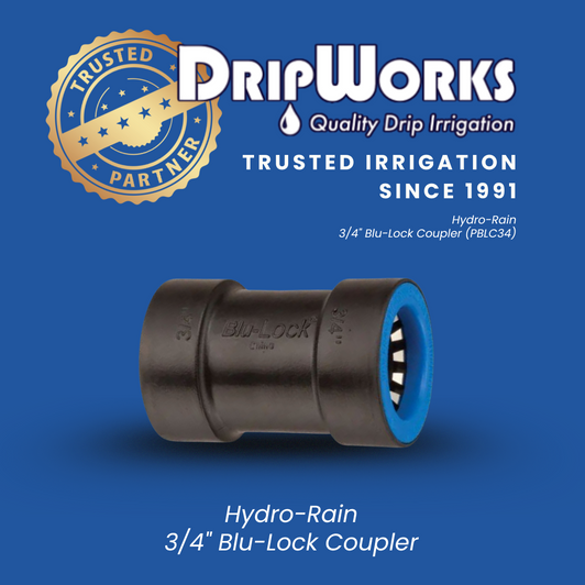 The 3/4" Blu-Lock Coupler (BL-429-007) with DripWorks' 'Trusted Partner' and 'Since 1991' branding.