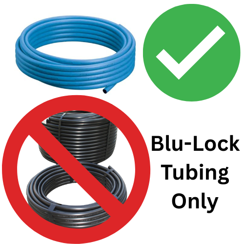Compatibility graphic showing Blu-Lock Elbow requires specific Blu-Lock tubing MPN: BL-406-005