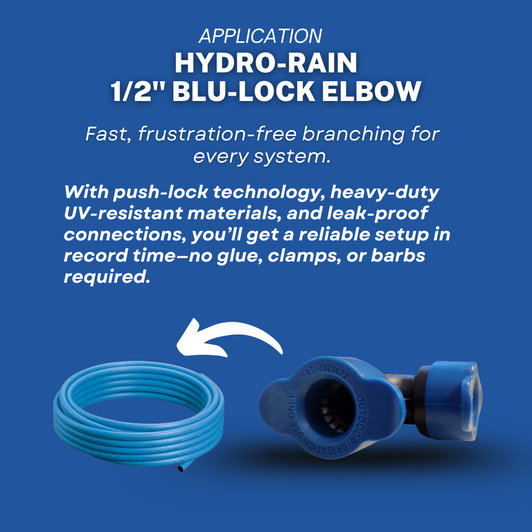 Hydro-Rain 1/2" Blu-Lock Elbow product graphic with DripWorks branding and 1/2" Blu-Lock Elbow text MPN: BL-406-005