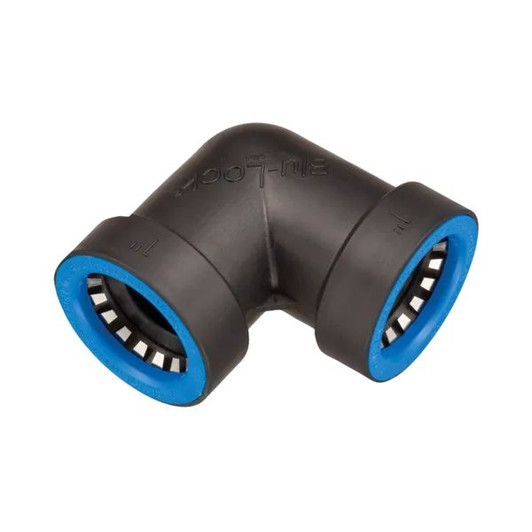 An angled product photo of the 1" Hydro-Rain Blu-Lock Elbow (BL-406-010) on a white background.