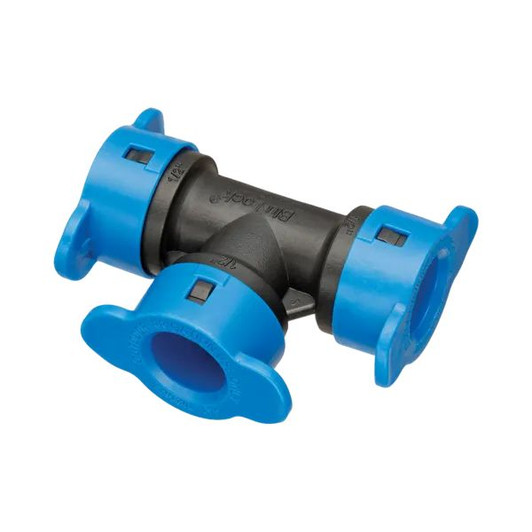 A three-quarter view of the Hydro-Rain 1/2-inch Blu-Lock Tee, part number BLBT-005, on a white background.
