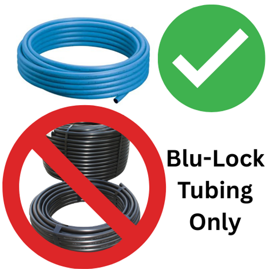 Informational graphic showing Blu-Lock fittings are compatible with official Blu-Lock tubing (green checkmark) but not with standard black tubing (red 'no' symbol)
