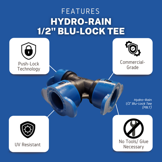 Infographic for the Hydro-Rain Blu-Lock Tee (BLBT-005) highlighting key benefits: Push-Lock Technology, Commercial-Grade, UV Resistant, and No Tools or Glue.