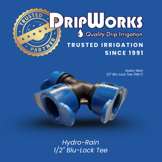 DripWorks and Hydro-Rain partnership graphic displaying 1/2" Blu-Lock Tee MPN: BL-401-005