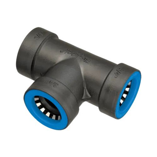 An angled product photo of the 3/4" Blu-Lock T-fitting (BL401-007), showing all three push-to-connect ports.