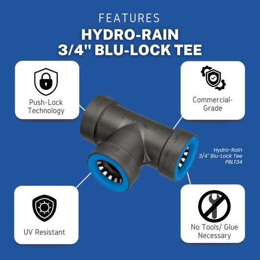 Of course. Here are the SEO-friendly descriptions for each of these images.

MPN: BL401-007

image_46164d.png: A features infographic for the Hydro-Rain 3/4" Blu-Lock Tee, highlighting its Push-Lock Technology, commercial-grade materials, UV resistance, and that no tools or glue are necessary. MPN: BL401-007.