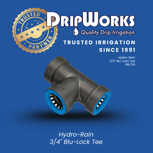 The 3/4" Blu-Lock Tee (BL401-007) with DripWorks' 'Trusted Partner' and 'Since 1991' branding.