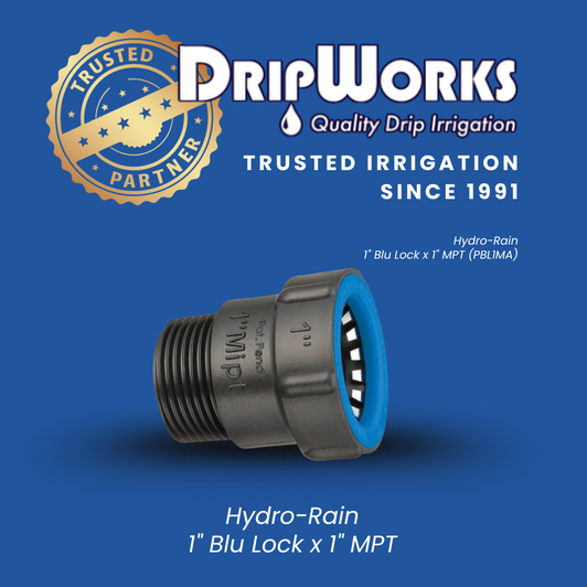 The 1" Blu Lock x 1" MPT adapter (BL-429-011) with DripWorks' 'Trusted Partner' and 'Since 1991' branding.
For the Standalone Infographics
The 1" Blu Lock x 1" MPT adapter (BL-429-011) with DripWorks' 'Trusted Partner' and 'Since 1991' branding.