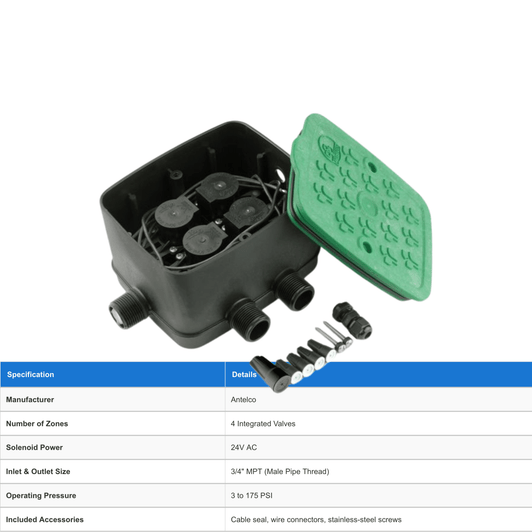 Antelco EzyValve 4 Zone Valve Box with technical specifications table MPN: 16615