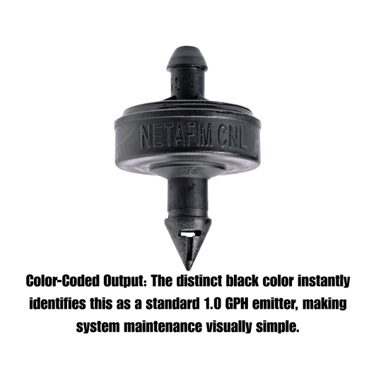 Netafim 1.0 GPH Barb Emitter black color coded output graphic