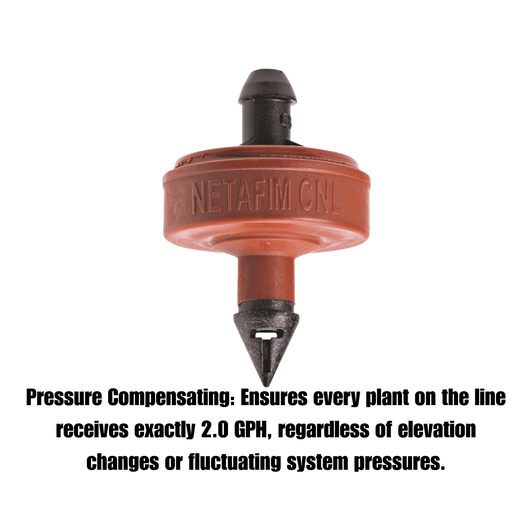 Netafim 2.0 GPH Barb Emitter pressure compensating exact flow rate graphic