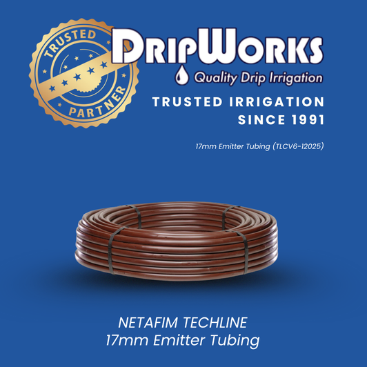 Netafim Techline 17mm Tubing (TLCVSI-12025) with DripWorks' 'Trusted Partner' and 'Since 1991' branding.