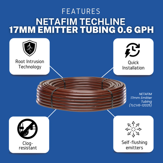 Features of Netafim Techline 17mm Tubing (0.6 GPH): root intrusion tech, quick installation, clog-resistant & self-flushing.