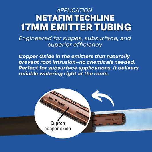 Application info showing a cutaway of Netafim tubing. Highlights the copper oxide emitter which prevents root intrusion.