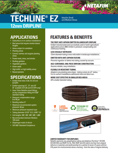 Netafim Emmiter tubing for Home Drip Irrigation Specs