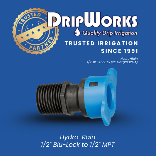 The 1/2" Blu-Lock to MPT adapter (BL-429-005) with DripWorks' 'Trusted Partner' and 'Since 1991' branding.