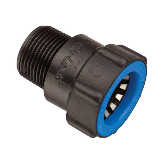 Angled photo of the 3/4" Blu-Lock to MPT adapter (BL436-007), showing the Blu-Lock brand markings and threaded end.