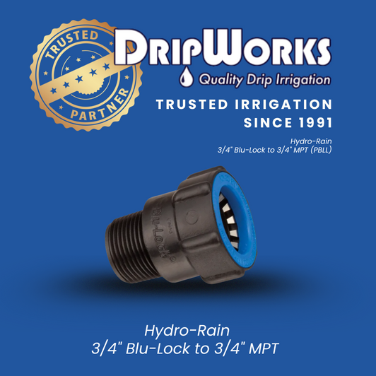 The 3/4" Blu-Lock to MPT adapter (BL436-007) with DripWorks' 'Trusted Partner' and 'Since 1991' branding.